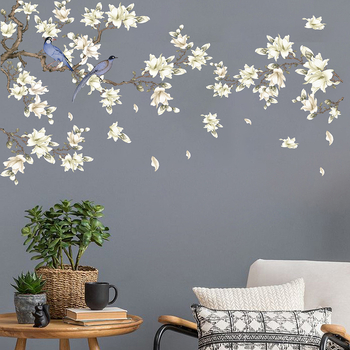 Dekoratyvinė sienų lipdukas – magnolijų medis su gėlėmis ir paukščiais, du gabalai, PVC, šiaurietiško plokščiojo stiliaus, svetainė, miegamasis, balkonas ir komercinės patalpos