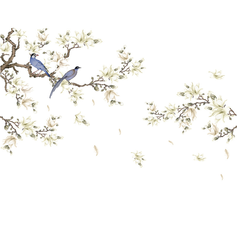 Dekoratyvinė sienų lipdukas – magnolijų medis su gėlėmis ir paukščiais, du gabalai, PVC, šiaurietiško plokščiojo stiliaus, svetainė, miegamasis, balkonas ir komercinės patalpos