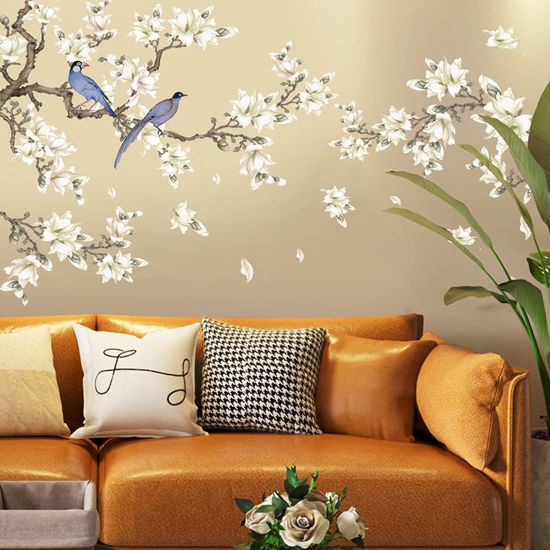 Dekoratyvinė sienų lipdukas – magnolijų medis su gėlėmis ir paukščiais, du gabalai, PVC, šiaurietiško plokščiojo stiliaus, svetainė, miegamasis, balkonas ir komercinės patalpos