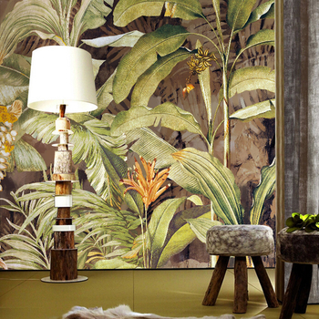 Sienų danga su banano lapų motyvu — sintetinių pluoštų, atsparus nešvarumams, rašto tipas, paprastas ir šiuolaikiškas stilius