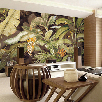 Sienų danga su banano lapų motyvu — sintetinių pluoštų, atsparus nešvarumams, rašto tipas, paprastas ir šiuolaikiškas stilius