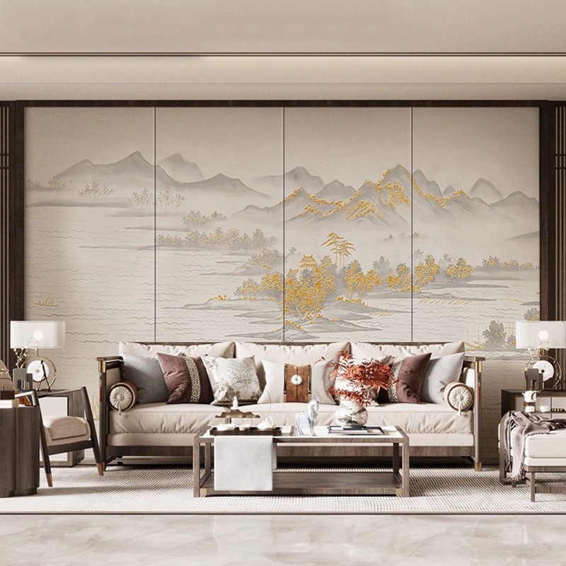 Új kínai stílusú hímzett párnázott falpanel — szövet, tájkép minta, testreszabható, Gold Balance márka, nappali/hálószoba/iroda
