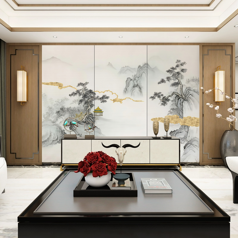 Új kínai stílusú hímzett párnázott falpanel — szövet, tájkép minta, testreszabható, Gold Balance márka, nappali/hálószoba/iroda