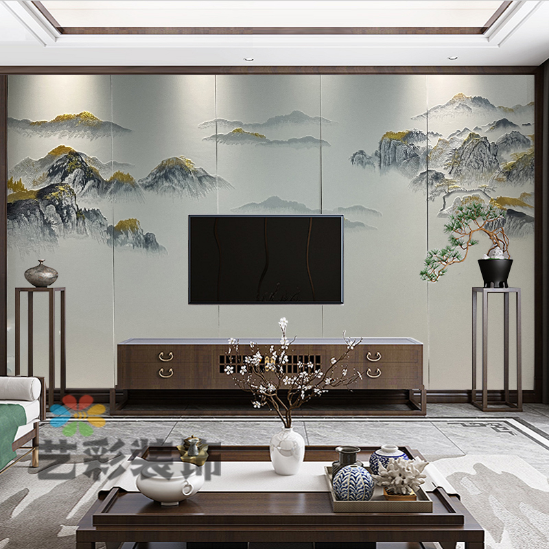 Új kínai stílusú hímzett párnázott falpanel — szövet, tájkép minta, testreszabható, Gold Balance márka, nappali/hálószoba/iroda