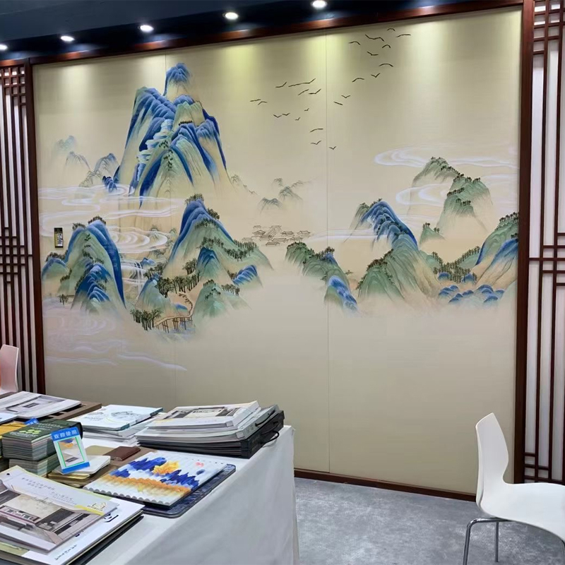 Új kínai stílusú hímzett párnázott falpanel — szövet, tájkép minta, testreszabható, Gold Balance márka, nappali/hálószoba/iroda