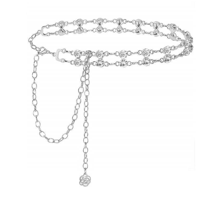 Fém derékszalag kettős sor kristályokkal díszítve, több körös kialakítás, hossz 110 cm, nők számára, testreszabható feldolgozás