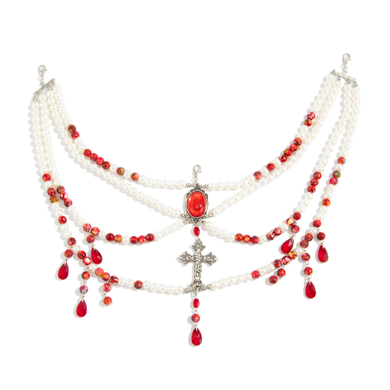 Deréklánc műgyönggyel, ötvözet és akril gyémántokkal, goth stílus, több övcsat, 2025 ősz kiadás