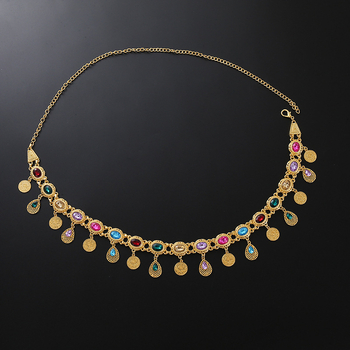 Lanț de talie boem cu pandantiv din cristale, pandantiv în formă de monedă și ciucuri, lanț metalic pentru corp