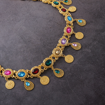 Lanț de talie boem cu pandantiv din cristale, pandantiv în formă de monedă și ciucuri, lanț metalic pentru corp
