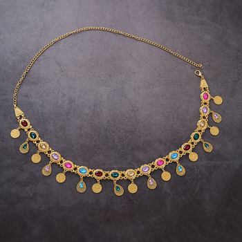 Lanț de talie boem cu pandantiv din cristale, pandantiv în formă de monedă și ciucuri, lanț metalic pentru corp