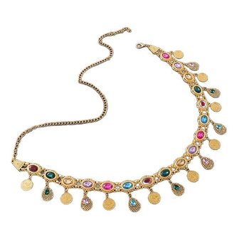 Lanț de talie boem cu pandantiv din cristale, pandantiv în formă de monedă și ciucuri, lanț metalic pentru corp