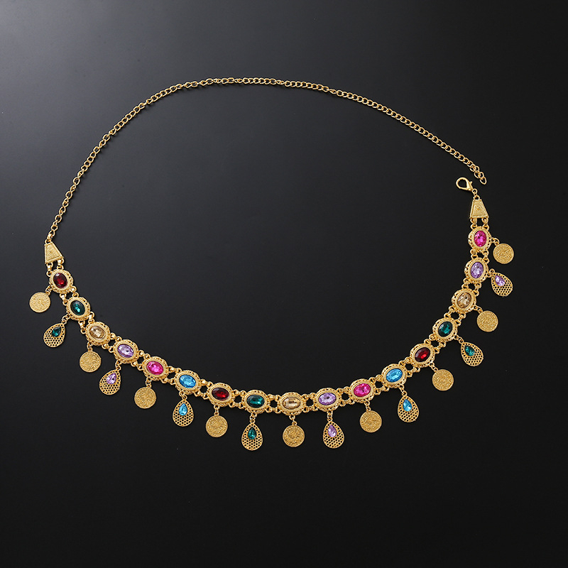 Lanț de talie boem cu pandantiv din cristale, pandantiv în formă de monedă și ciucuri, lanț metalic pentru corp