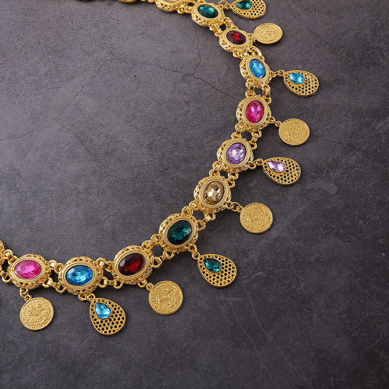Lanț de talie boem cu pandantiv din cristale, pandantiv în formă de monedă și ciucuri, lanț metalic pentru corp