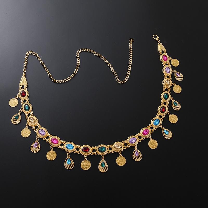 Lanț de talie boem cu pandantiv din cristale, pandantiv în formă de monedă și ciucuri, lanț metalic pentru corp