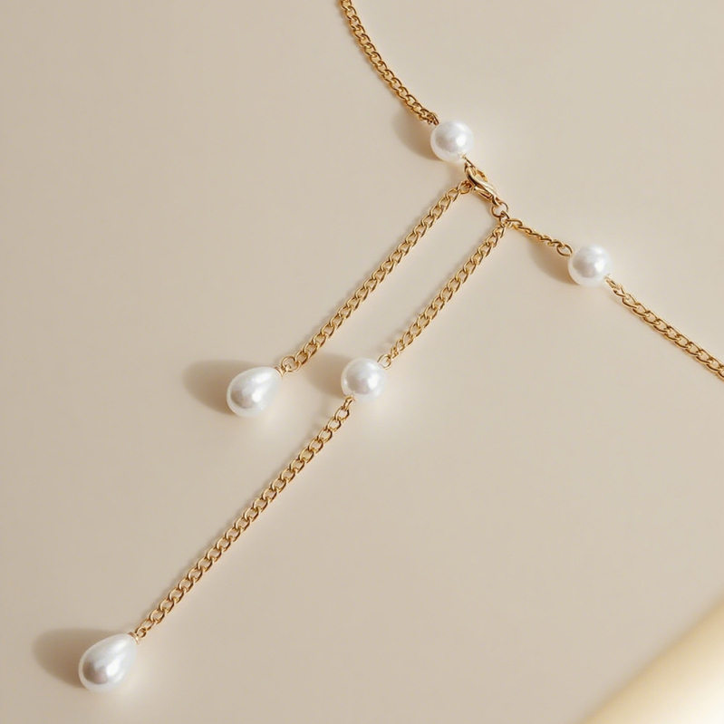 Fém anyagú deréklánc imitált gyöngyökkel, uniszex, felnőtt, elegáns stílus, hossz 80–100 cm