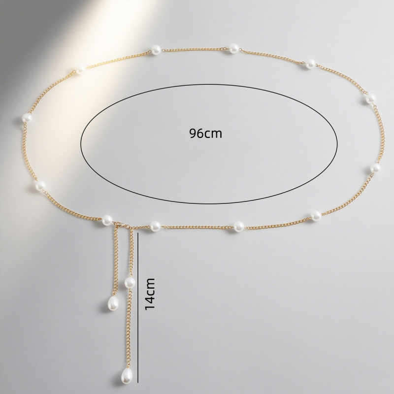 Fém anyagú deréklánc imitált gyöngyökkel, uniszex, felnőtt, elegáns stílus, hossz 80–100 cm