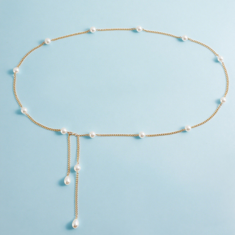 Fém anyagú deréklánc imitált gyöngyökkel, uniszex, felnőtt, elegáns stílus, hossz 80–100 cm