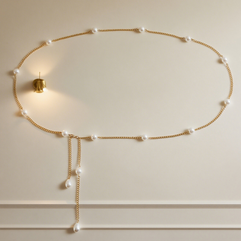 Fém anyagú deréklánc imitált gyöngyökkel, uniszex, felnőtt, elegáns stílus, hossz 80–100 cm