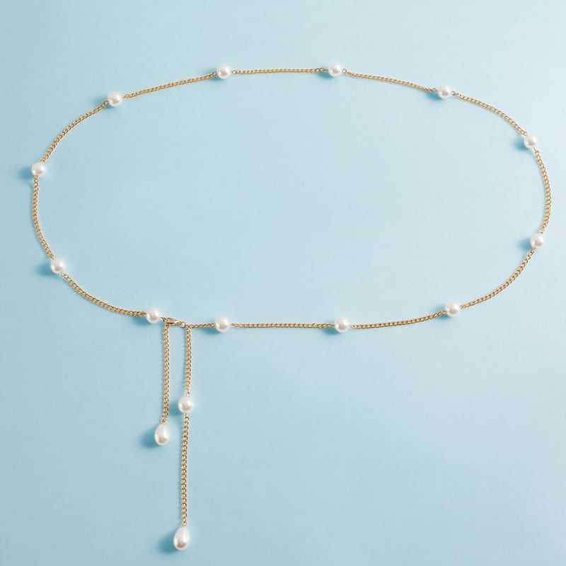 Fém anyagú deréklánc imitált gyöngyökkel, uniszex, felnőtt, elegáns stílus, hossz 80–100 cm