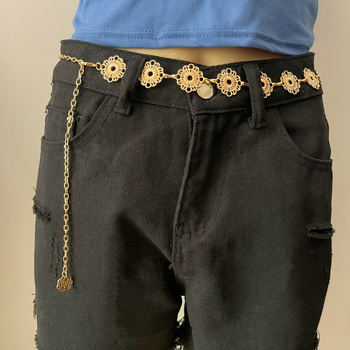 Derékszíj geometriás, fém üreges viráglap, női testlánc, 60 cm alatt, testreszabható