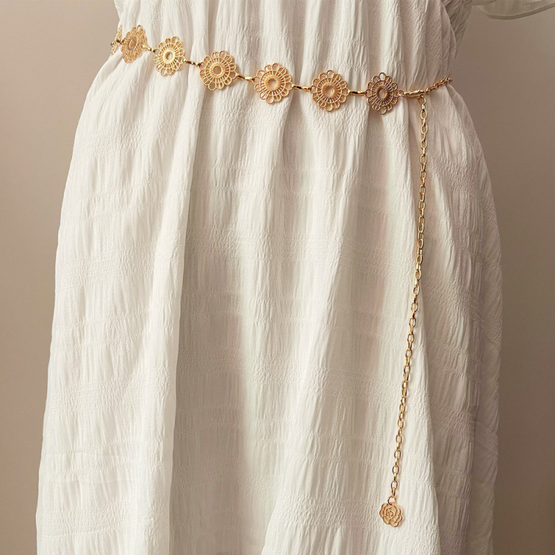 Derékszíj geometriás, fém üreges viráglap, női testlánc, 60 cm alatt, testreszabható