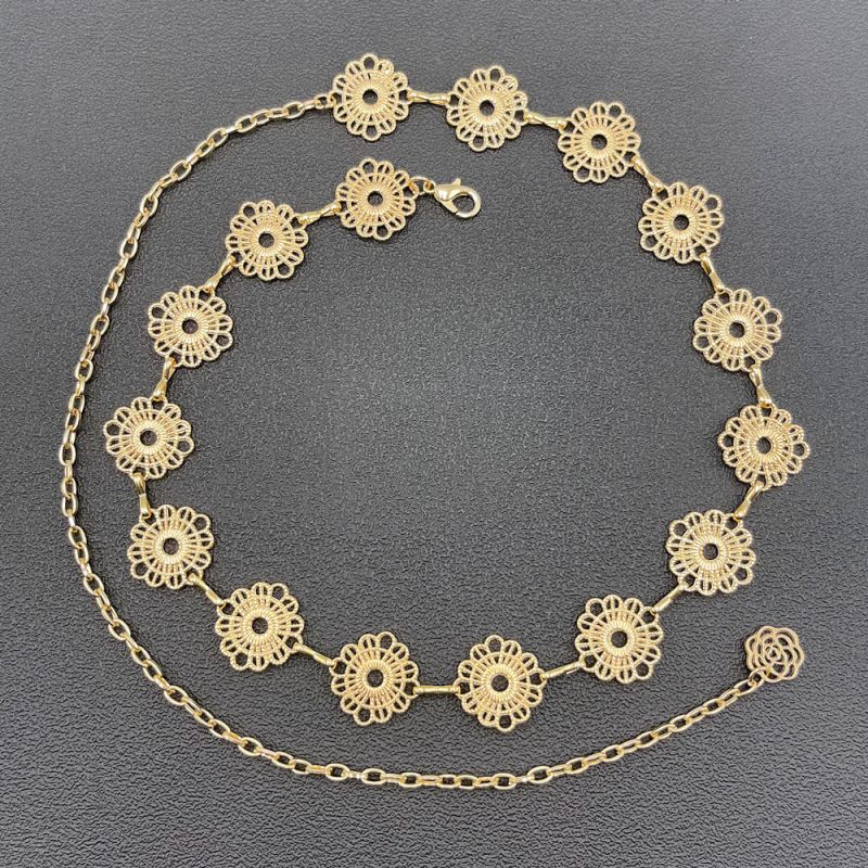 Derékszíj geometriás, fém üreges viráglap, női testlánc, 60 cm alatt, testreszabható