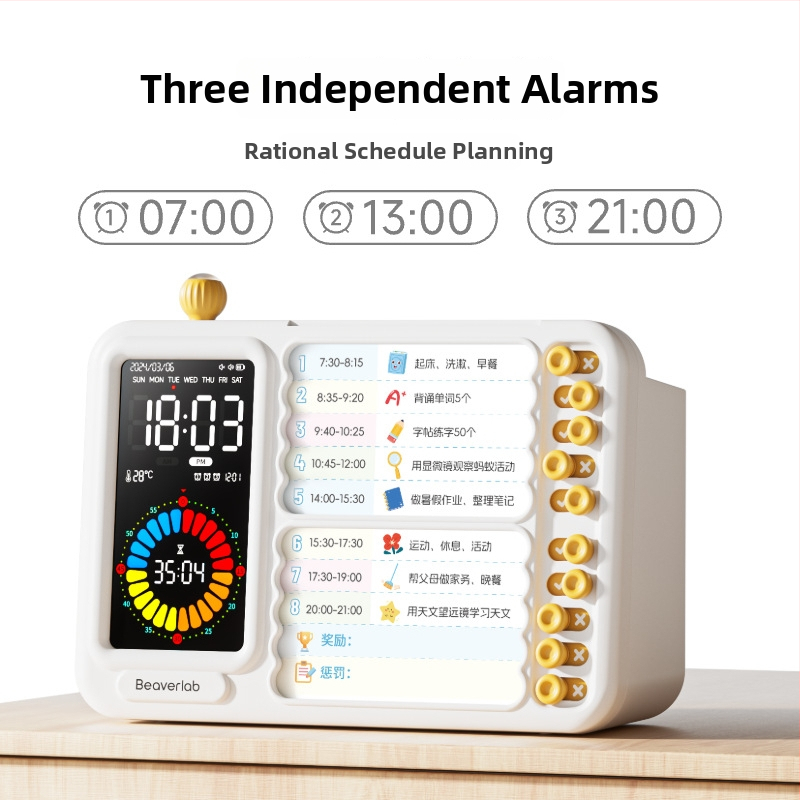 Põhikooli õpilastele mõeldud termomeetriga ja kalendri funktsiooniga äratuskell; patareidega töötav, ruudukujuline ABS-korpus, LED-numbriline ekraan