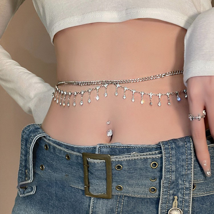 Lanac za struk s dvostrukim rhinestones resicama, legura, francuski stil, 120 cm, za žene