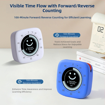 Smiley visuaalne taimer alarmiga — Elektrooniline mehhanism, Digitaalne numbrinäit, Ruutja kujul, Moodne minimalistlik stiil, Patareidega toidetav