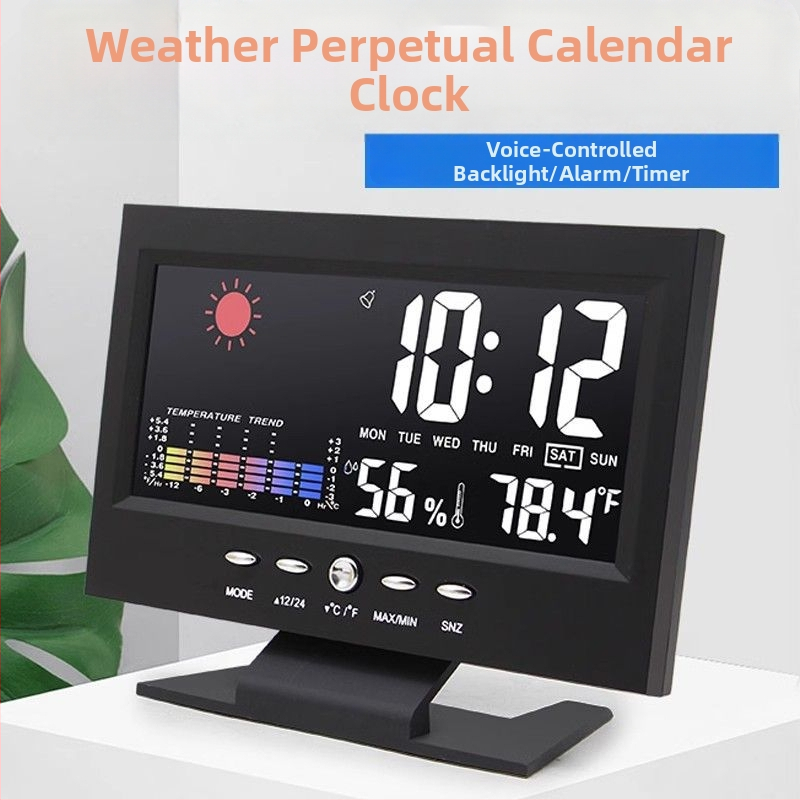 Ceas cu vreme, temperatură și umiditate, alarmă controlată vocal, afișaj LED, alimentare externă