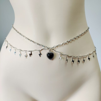 Lanț metalic pentru talie pentru femei, cu ciucuri și pandantiv în formă de fulger, lanț de talie cu două straturi, lungime 80–100 cm