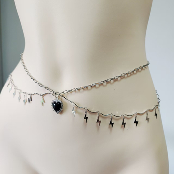Lanț metalic pentru talie pentru femei, cu ciucuri și pandantiv în formă de fulger, lanț de talie cu două straturi, lungime 80–100 cm