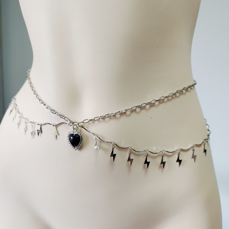 Lanț metalic pentru talie pentru femei, cu ciucuri și pandantiv în formă de fulger, lanț de talie cu două straturi, lungime 80–100 cm