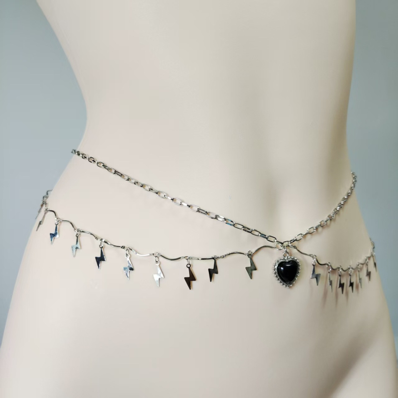 Lanț metalic pentru talie pentru femei, cu ciucuri și pandantiv în formă de fulger, lanț de talie cu două straturi, lungime 80–100 cm