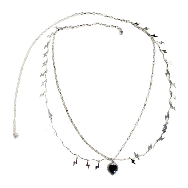 Lanț metalic pentru talie pentru femei, cu ciucuri și pandantiv în formă de fulger, lanț de talie cu două straturi, lungime 80–100 cm