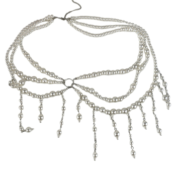 Lanț talie cu perle artificiale, stil etno-boem, lungime 80–100 cm, bucle multiple pentru curea