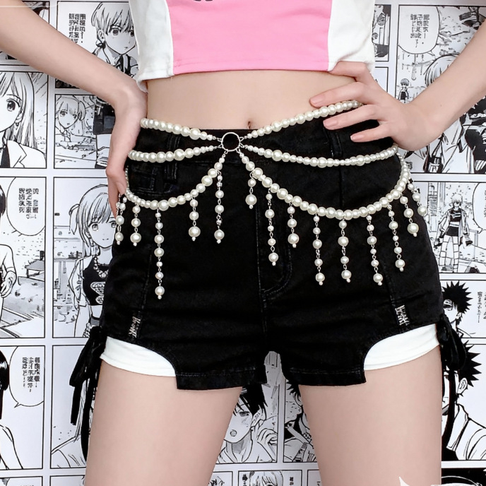 Lanț talie cu perle artificiale, stil etno-boem, lungime 80–100 cm, bucle multiple pentru curea