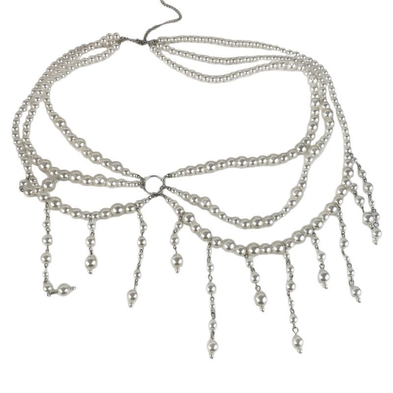 Lanț talie cu perle artificiale, stil etno-boem, lungime 80–100 cm, bucle multiple pentru curea