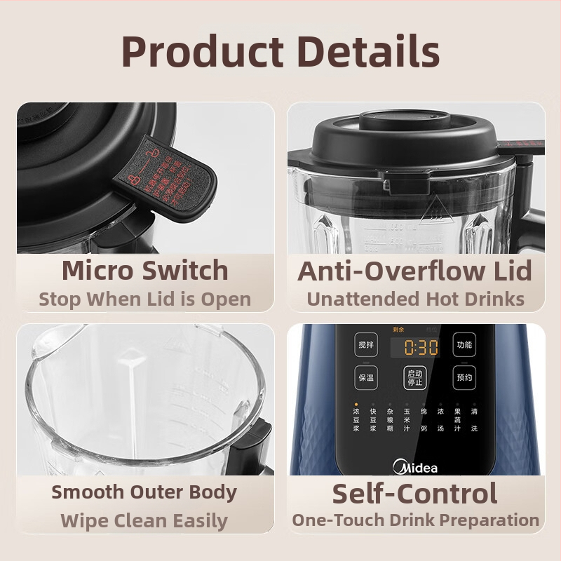 Blenderis su sienos plyšimo technologija – didelė talpa, nerūdijantis plienas, 8 ašmenys, 1.75L, daugiafunkcis: sojų pienas, sultys ir maisto perdirbimas