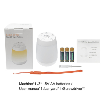 Baba alvássegítő fehér zajjal, éjjeli fénnyel és hangszóróval — hordozható alvóeszköz időzítő és zenei funkciókkal; száraz elemről működik; üzemidő 8–12 óra; kapacitás 1200–2000 mAh; cserélhető elem