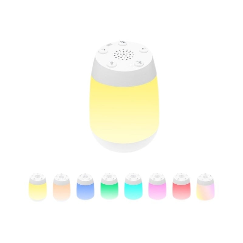 Baba alvássegítő fehér zajjal, éjjeli fénnyel és hangszóróval — hordozható alvóeszköz időzítő és zenei funkciókkal; száraz elemről működik; üzemidő 8–12 óra; kapacitás 1200–2000 mAh; cserélhető elem