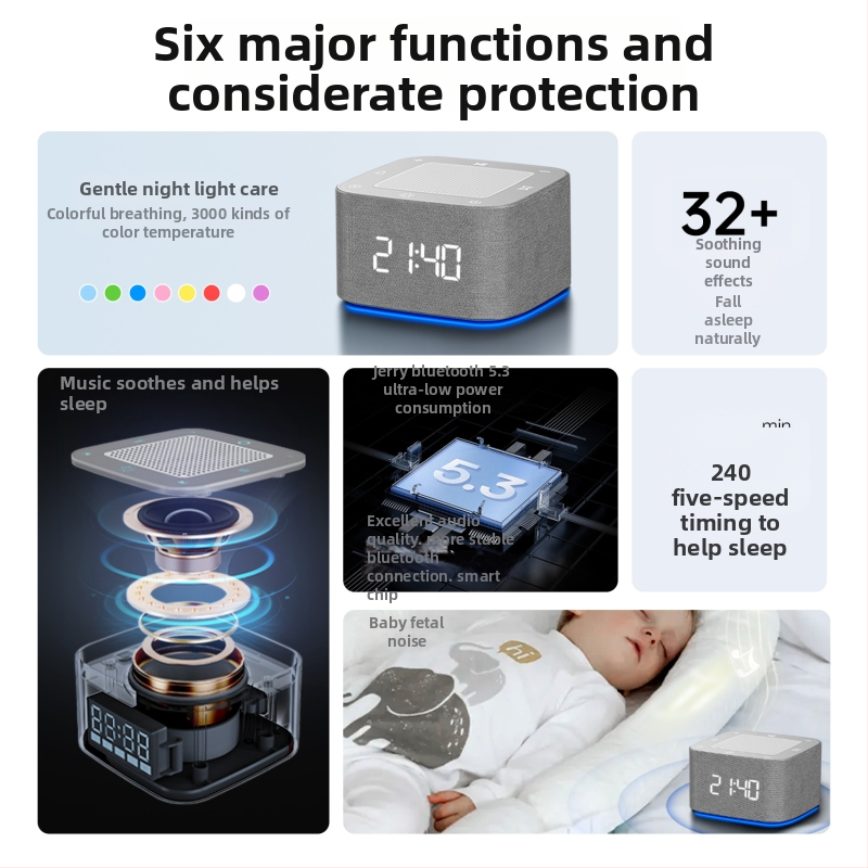 Baltā trokšņa miega palīgs ar Bluetooth skaļruni un krāsainu elpojošu gaismu, iebūvēta akumulatora, 6-8 stundu darbības laiks, attālinātais vadības pults ar taimeri un mūzikas funkcijām