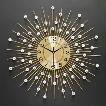 Ceas de perete, decor cu stele, mecanism analog cuarț, carcasă rotundă din metal, cadran din aluminiu, alimentare cu baterie