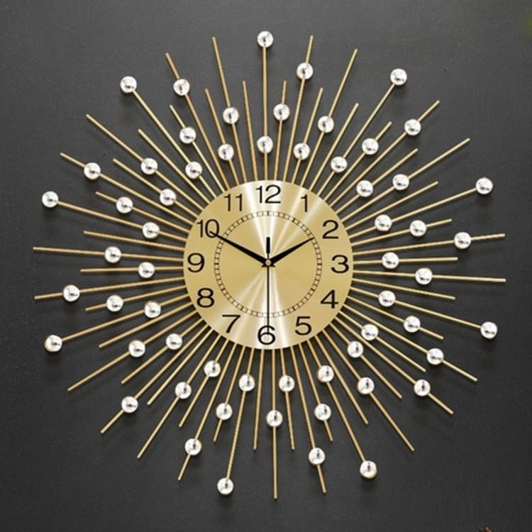 Ceas de perete, decor cu stele, mecanism analog cuarț, carcasă rotundă din metal, cadran din aluminiu, alimentare cu baterie