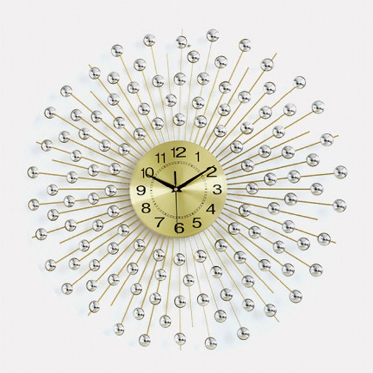 Ceas de perete, decor cu stele, mecanism analog cuarț, carcasă rotundă din metal, cadran din aluminiu, alimentare cu baterie