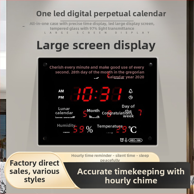 Nástenné hodiny s LED displejom, večný kalendár, teplomer, meranie vlhkosti a budík