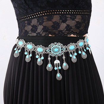 Boemski pojasni lanac s otvorenim cvjetovima, privjesak kapljice vode, metalna konstrukcija, retro etnički stil, unisex