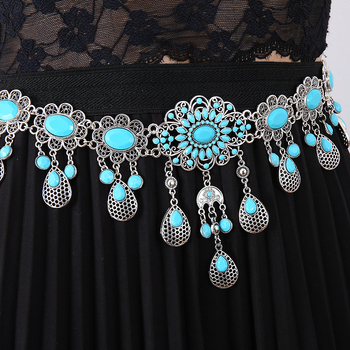 Boemski pojasni lanac s otvorenim cvjetovima, privjesak kapljice vode, metalna konstrukcija, retro etnički stil, unisex