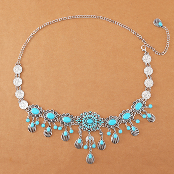 Boemski pojasni lanac s otvorenim cvjetovima, privjesak kapljice vode, metalna konstrukcija, retro etnički stil, unisex