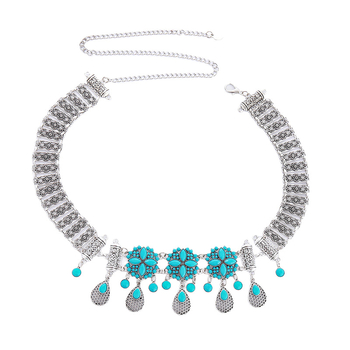 Boemski pojasni lanac s otvorenim cvjetovima, privjesak kapljice vode, metalna konstrukcija, retro etnički stil, unisex